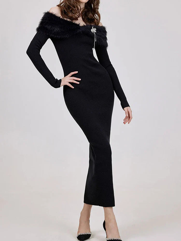 Patchwork Fur Collar Slash Neck Diamond Party Dress