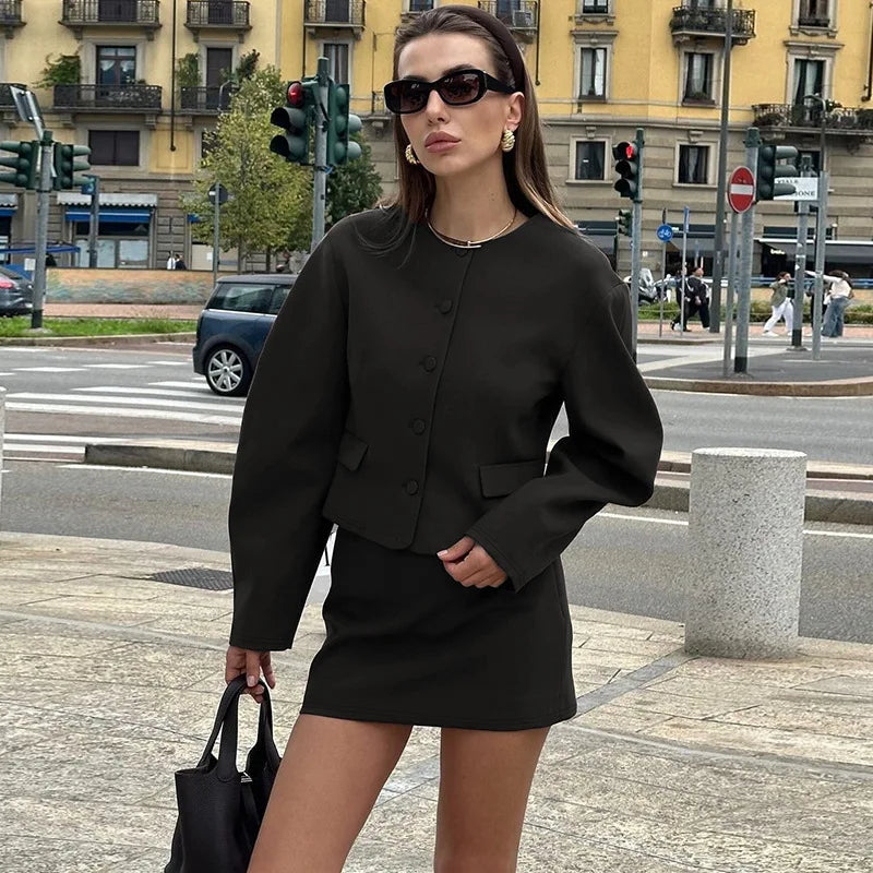 Round Neck Long Sleeve Jacket Suit Mini Dress