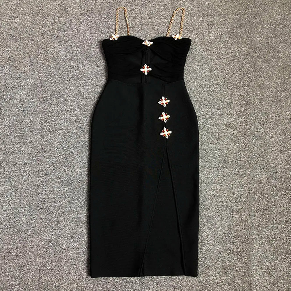 Black Cross Brooch Slit Bandage Midi Dress