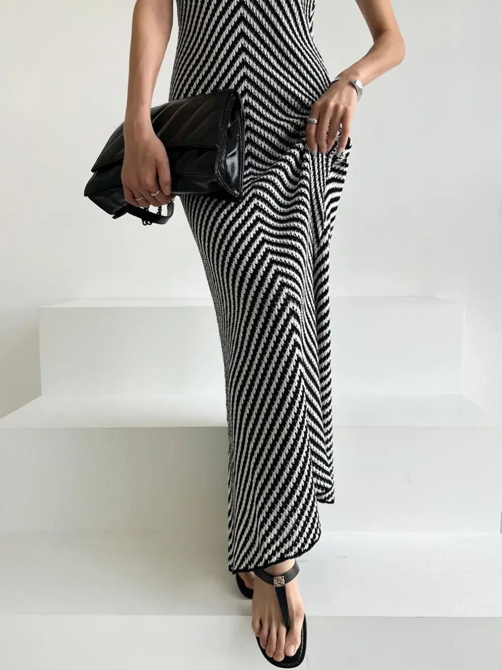 Striped Ribbed Casual Midi Dress