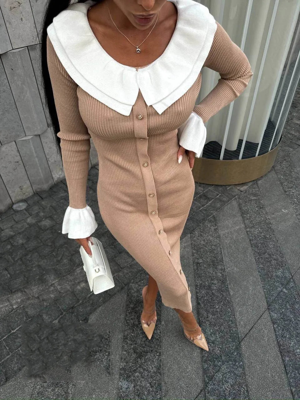 Patchwork Contrast Ribbed Casual Midi Dress
