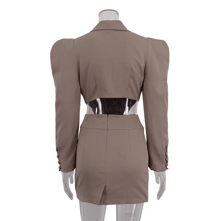 Khaki Turn Down Collar Blazer Suit Mini Dress