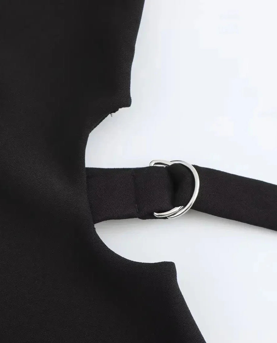 Crop Hollow Waist Black Mini Party Dress
