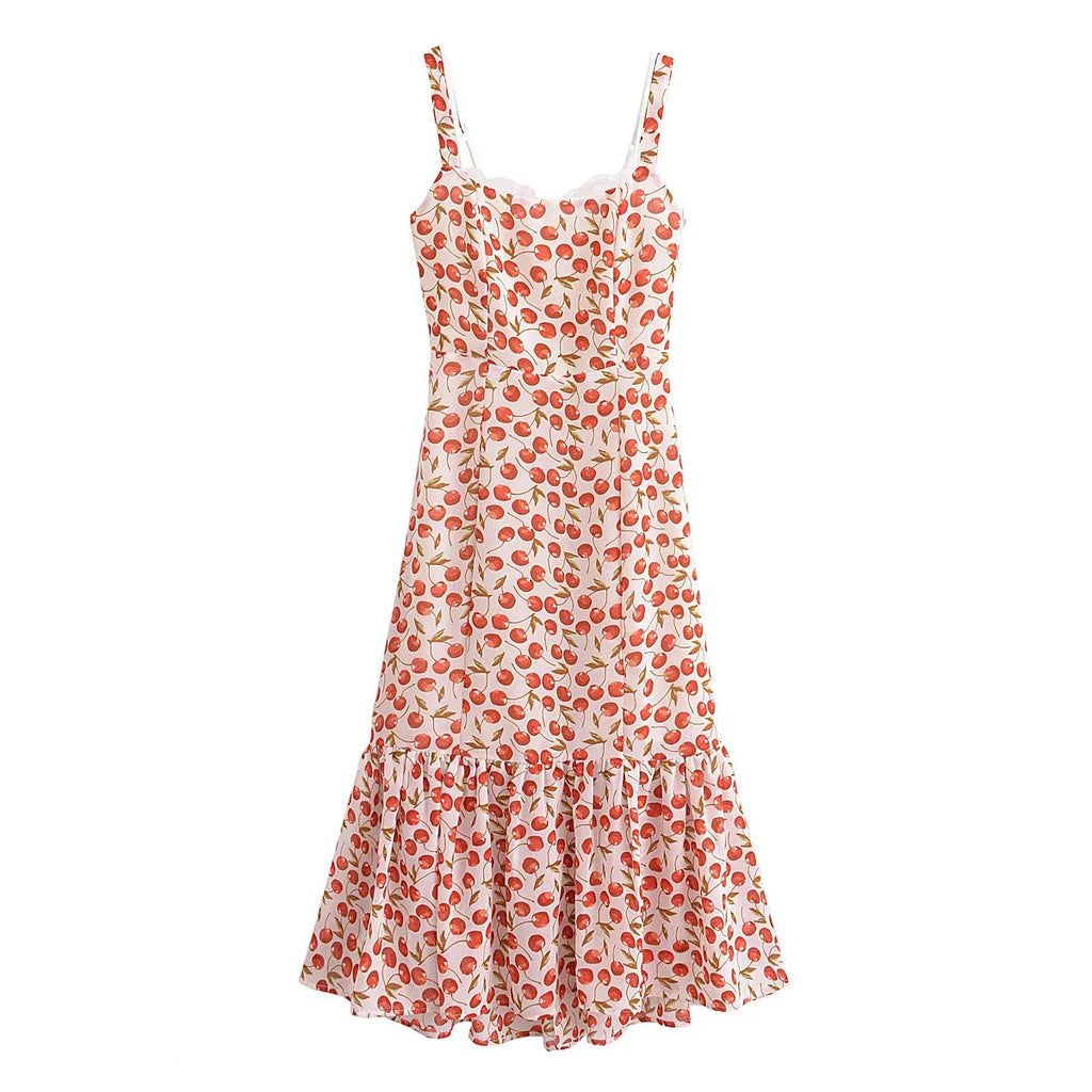 Cherry Print Ruffled Hem Trumpet Midi Dress