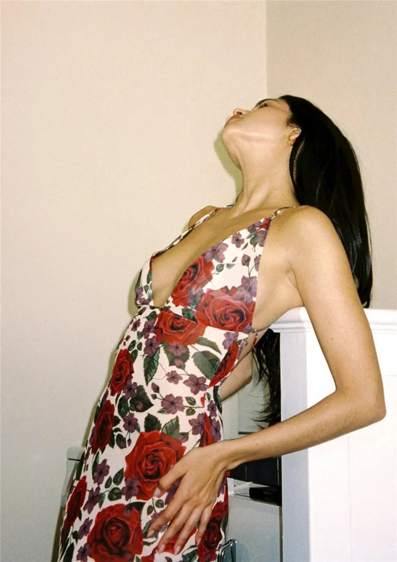 Red Floral Cowl Neck Tie Back Maxi Dress