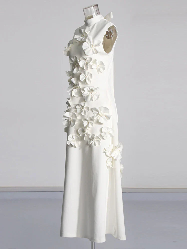 3D Flower Applique Mock Neck Midi Dress