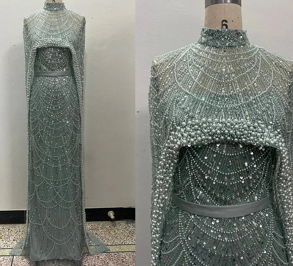 Pearl Mermaid Wedding Cape Evening Party Dress