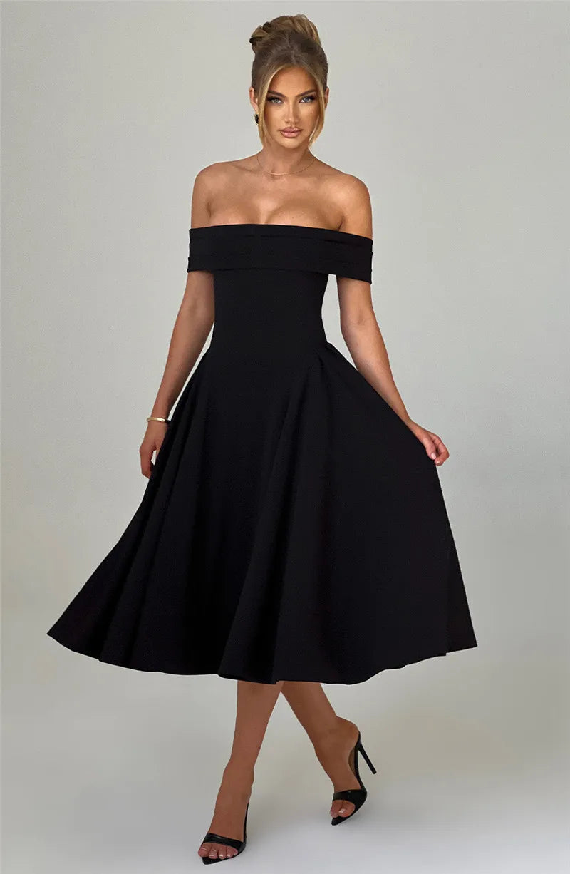 Off Shoulder Flared Elegant Midi Dress