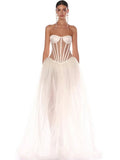Strapless Mesh White A-Line Maxi Dress