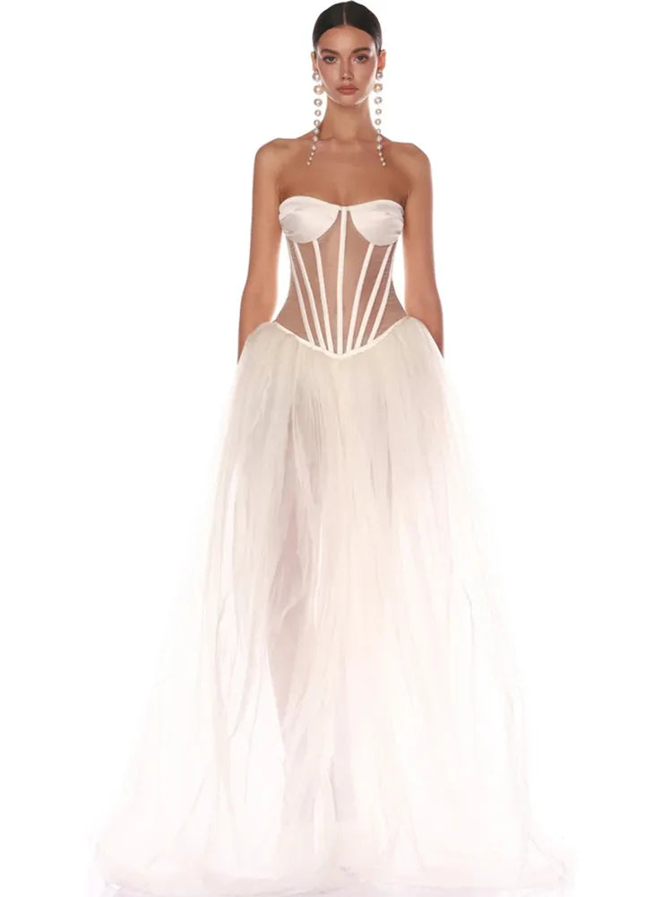 Strapless Mesh White A-Line Maxi Party Dress