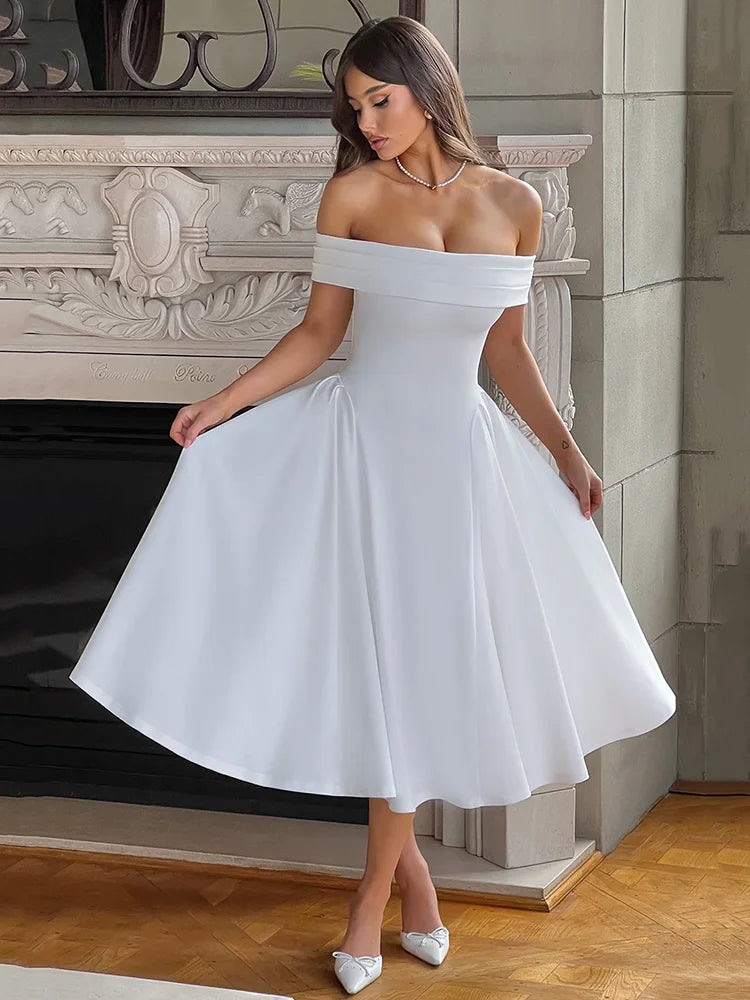 Off Shoulder Flared Elegant Midi Dress