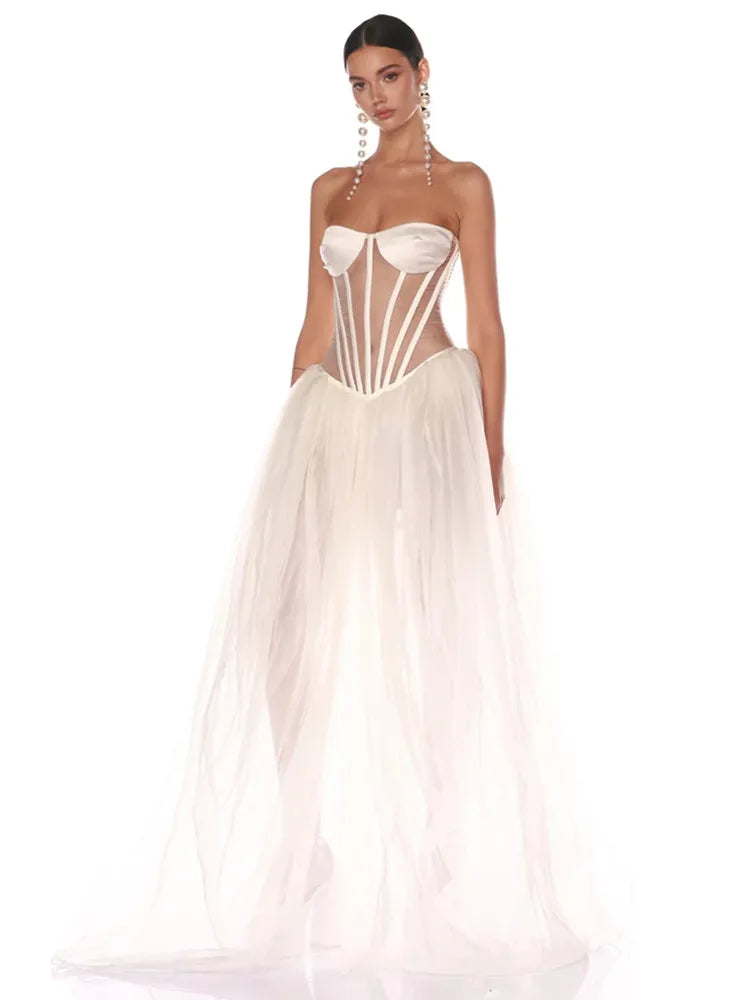 Strapless Mesh White A-Line Maxi Dress
