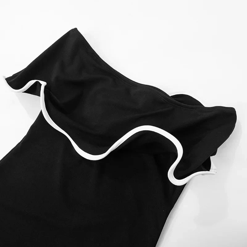 Strapless Ruffled Black Party Midi Dress