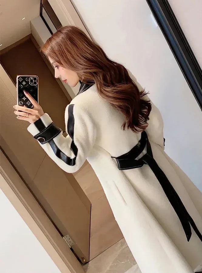 Contrast Patchwork Overcoat with Belt Party Dress