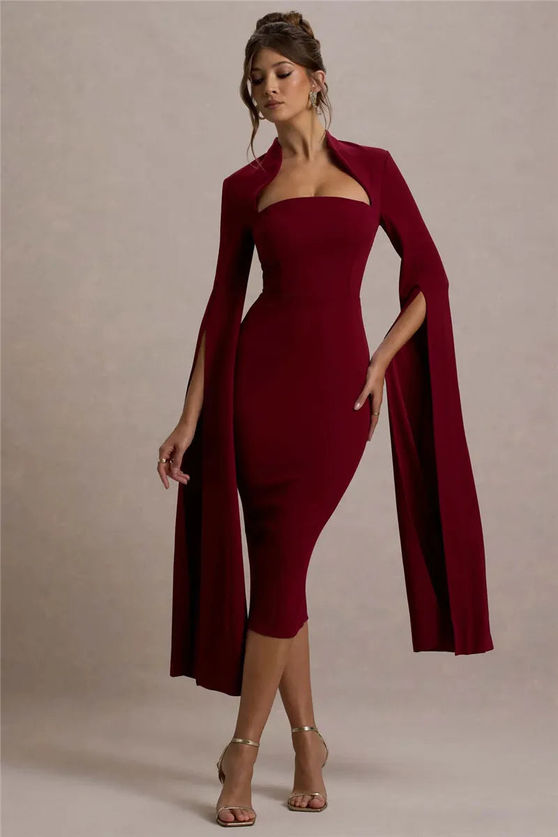 Cape Sleeve Square Neck Elegant Midi Dress