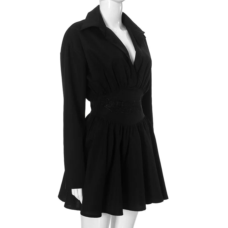 Turn-Down Collar Pleated Mini Party Dress