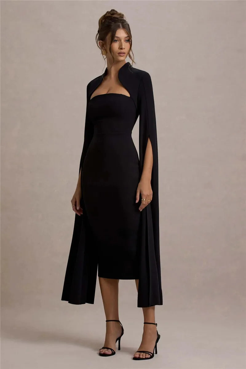 Cape Sleeve Square Neck Elegant Midi Dress