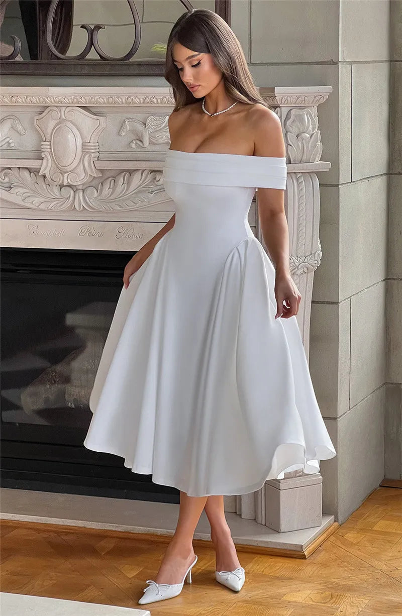 Off Shoulder Flared Elegant Midi Dress