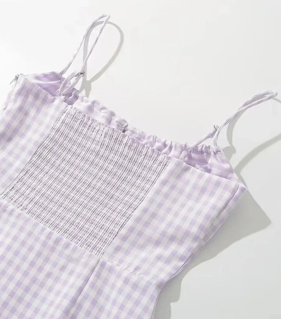 Spaghetti Strap Plaid Pink Midi Dress