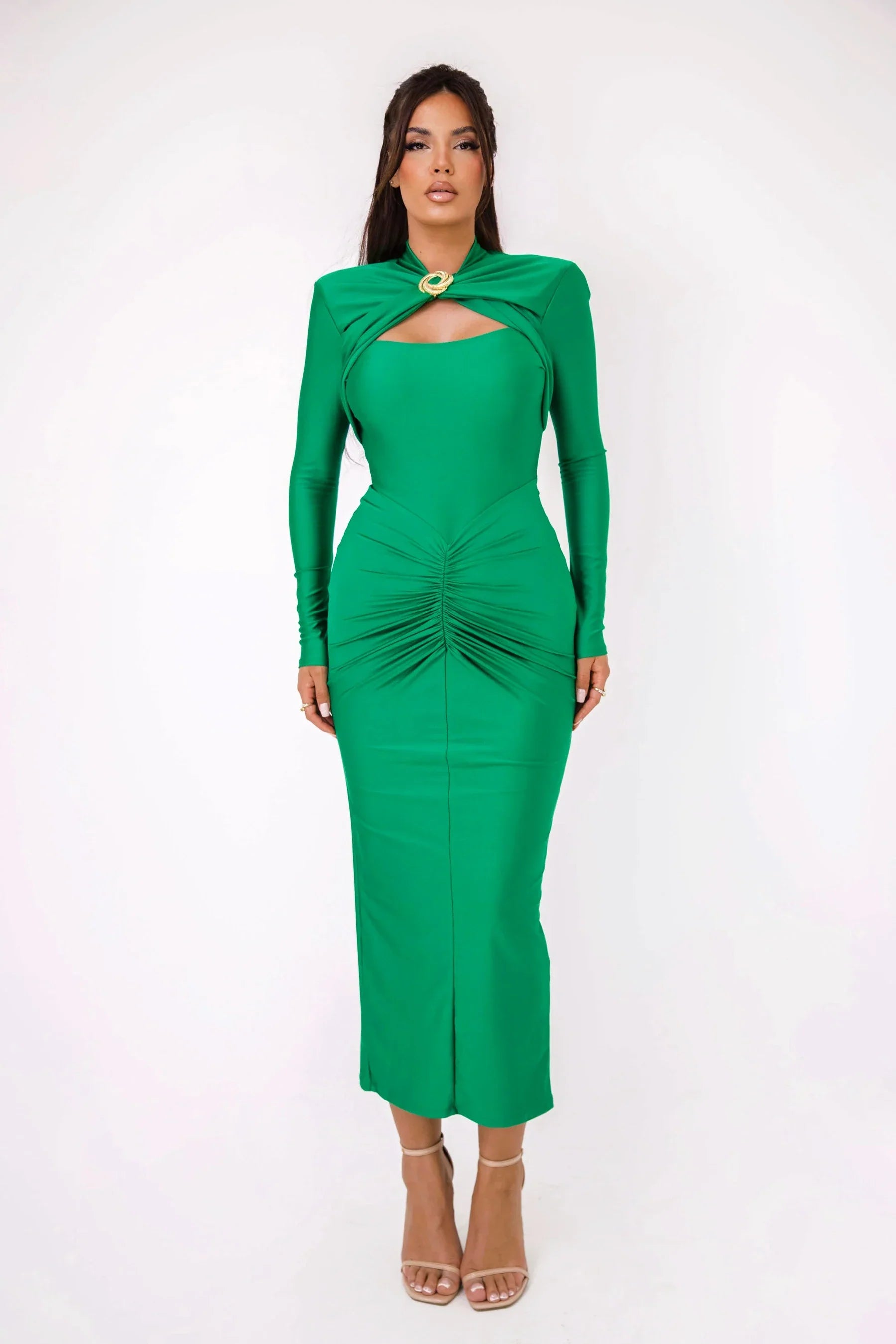 Long Sleeve Pleated Hollow Maxi Dress