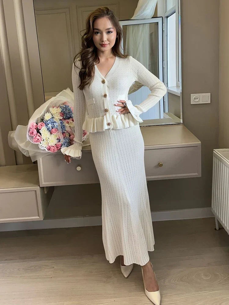 Ruffle Knit Long Sleeve Mermaid Midi Dress