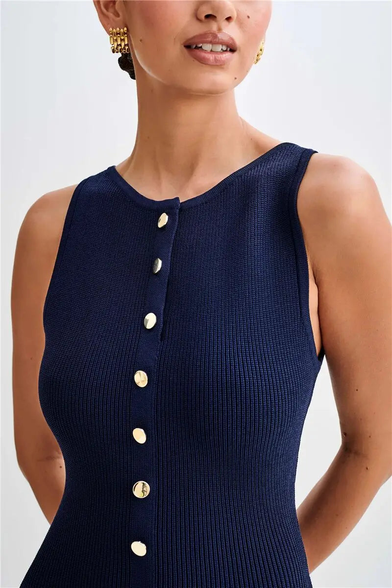 Knit Maxi Dress with Pockets Button Front