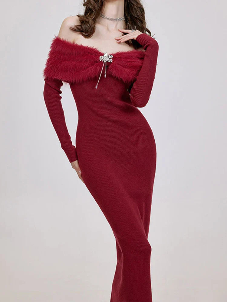 Patchwork Fur Collar Slash Neck Diamond Party Dress