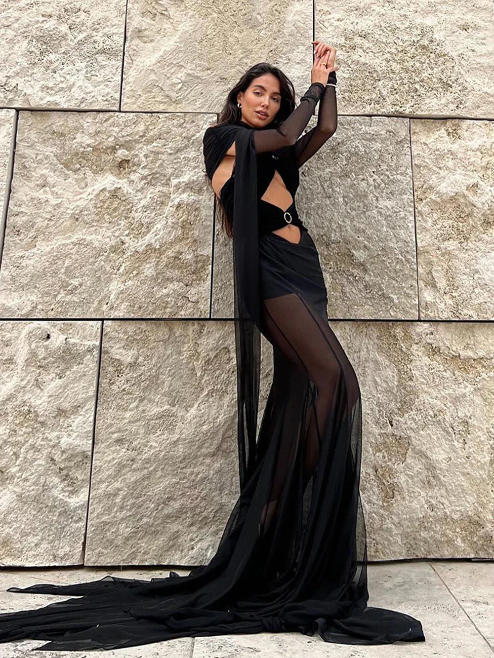 Off-Shoulder Mesh Folded Scarf Maxi Dress