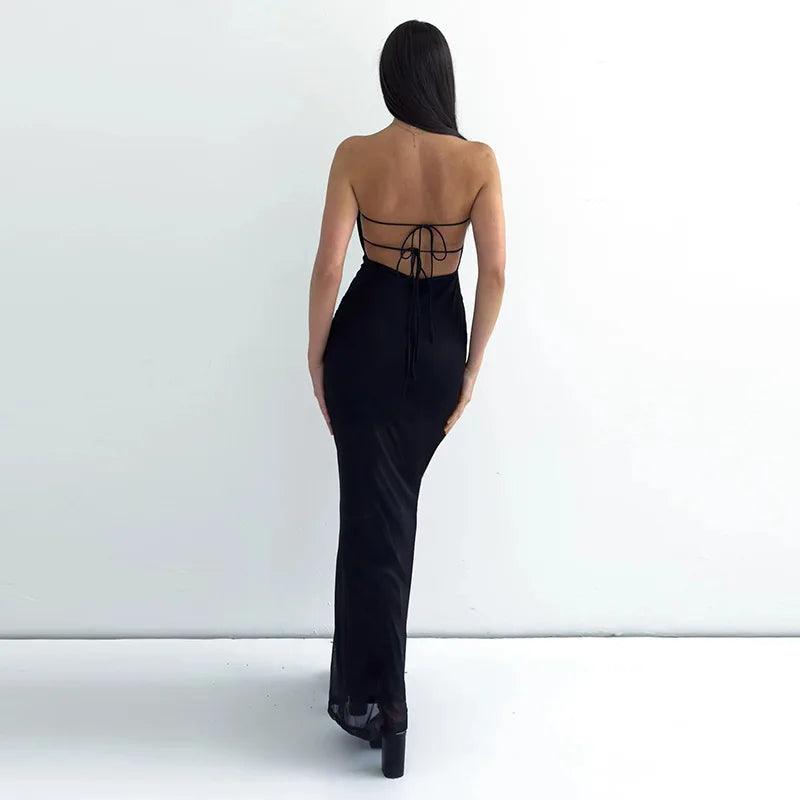 Black Tube Flower Back Tie Maxi Dress