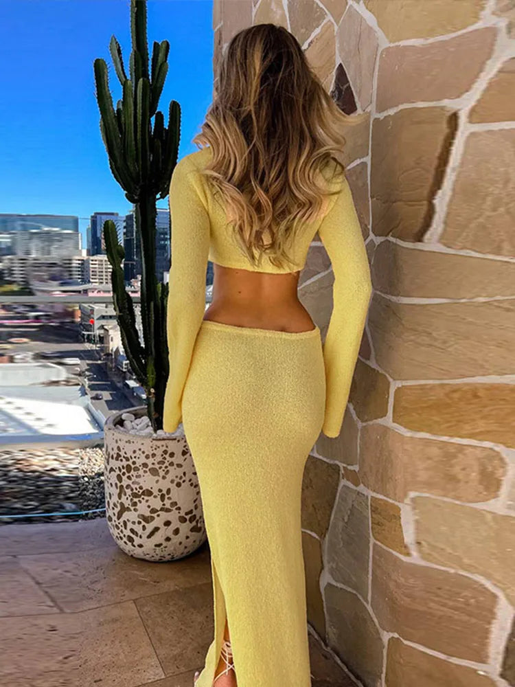 Knitted Hollow O Neck Slit Maxi Dress