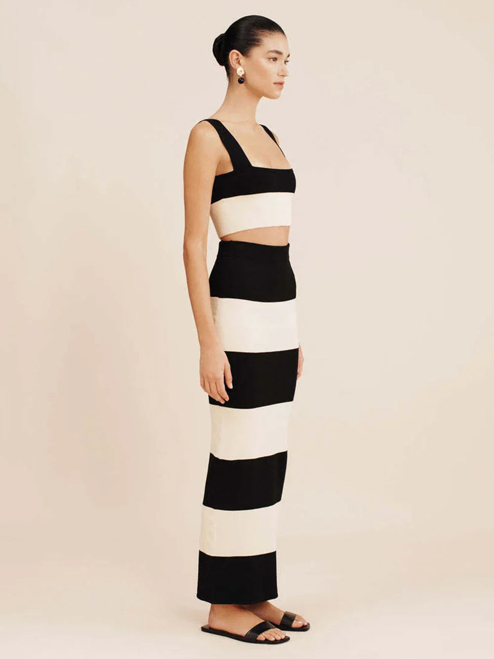 Striped Knit Crop Top Midi Skirt Set Dress