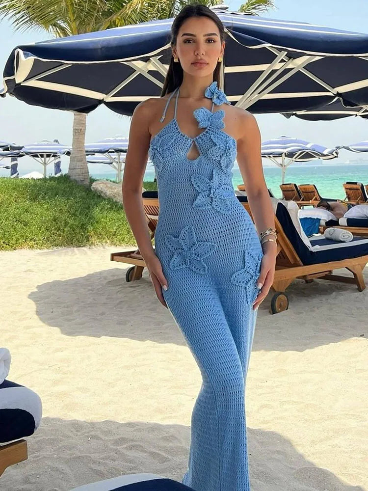 Floral Halter Summer Backless Splice Maxi Dress