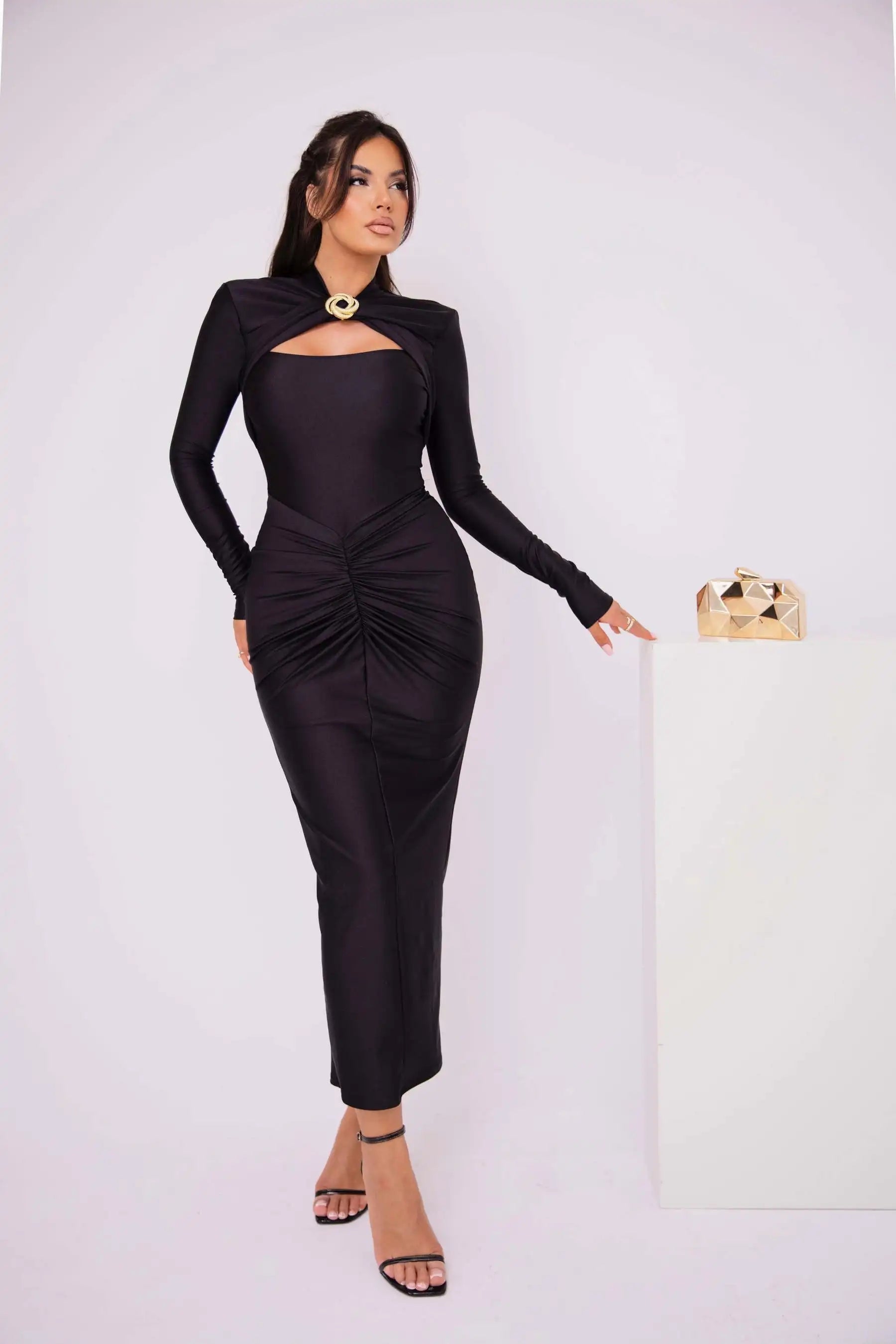 Long Sleeve Pleated Hollow Maxi Dress
