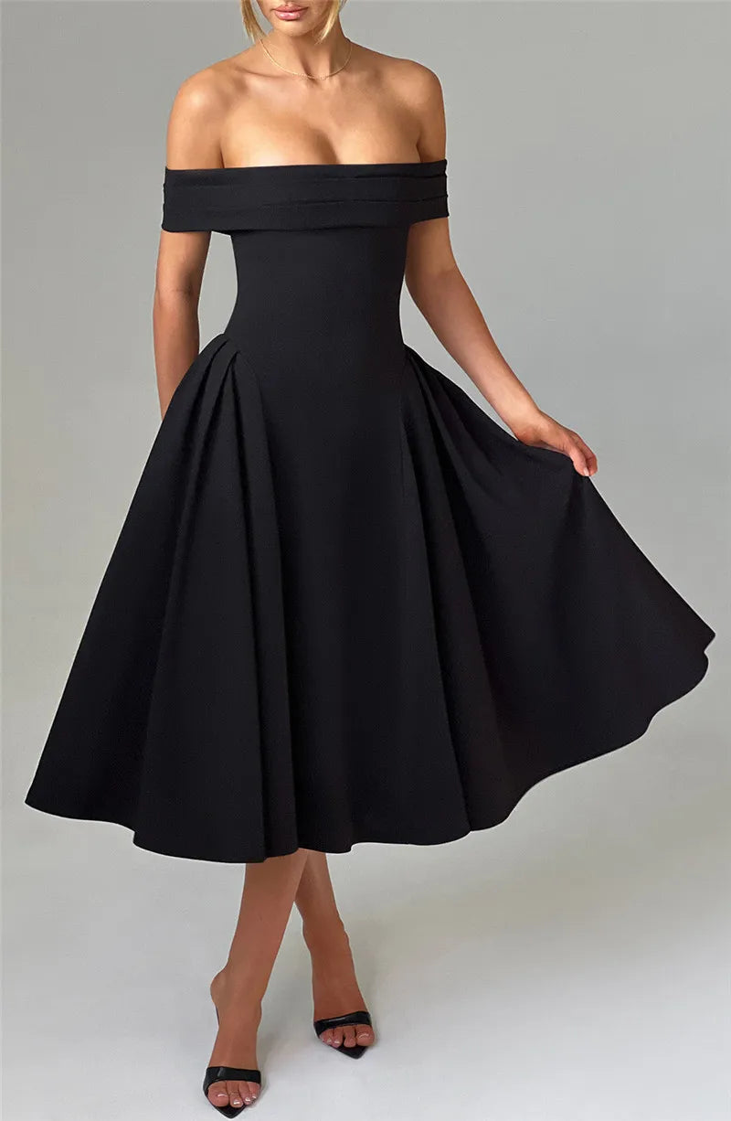 Off Shoulder Flared Elegant Midi Dress
