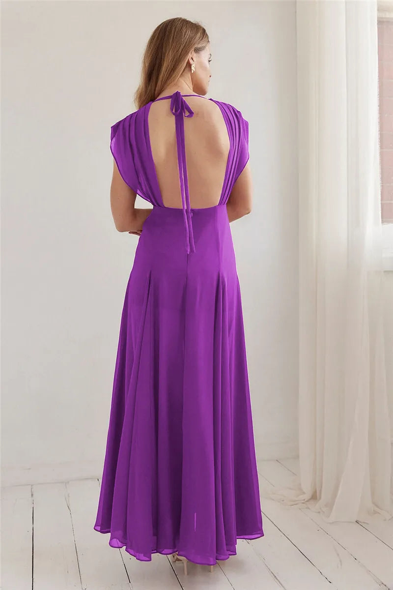 Deep V Purple High Slit Maxi Dress