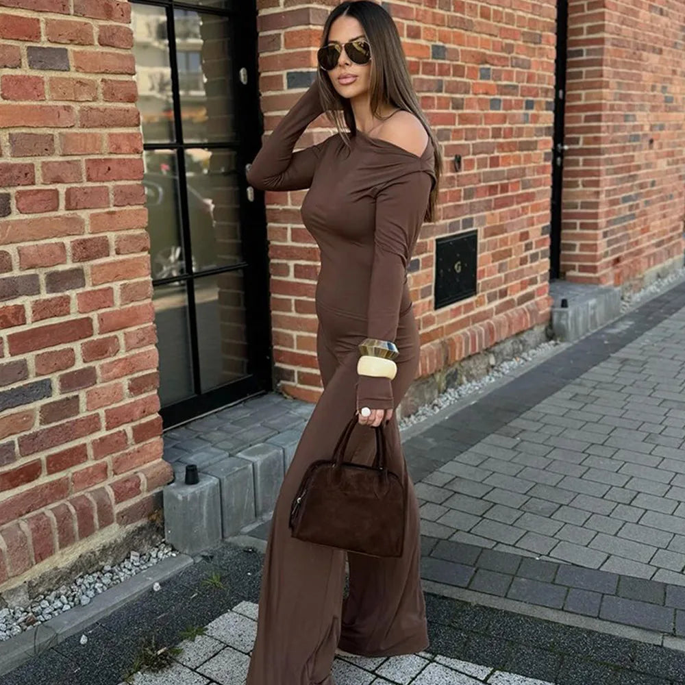 One Shoulder Flare Sleeve Top Pant Suit Party Dress