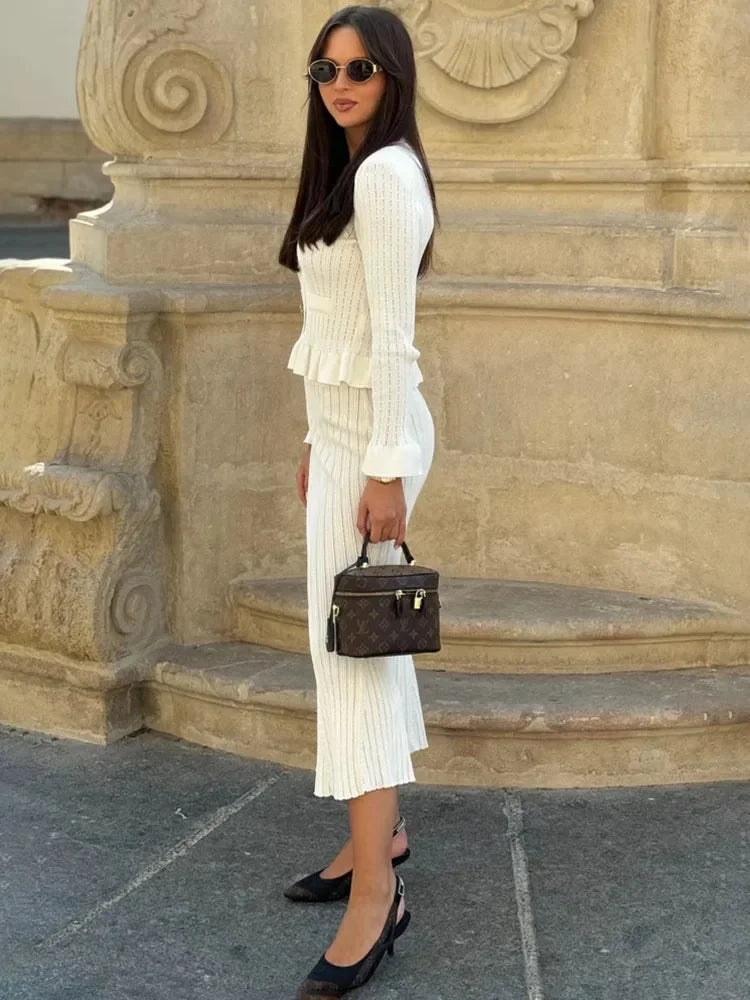 Ruffle Knit Long Sleeve Mermaid Midi Dress