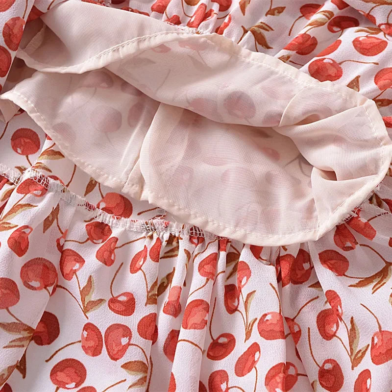 Cherry Print Ruffled Hem Trumpet Midi Dress