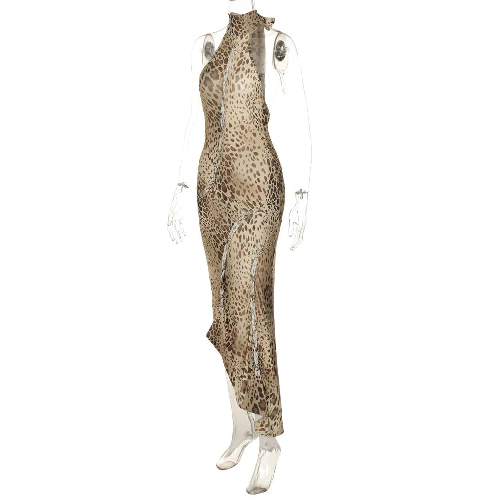 Halter Leopard Embellished Long Party Dress