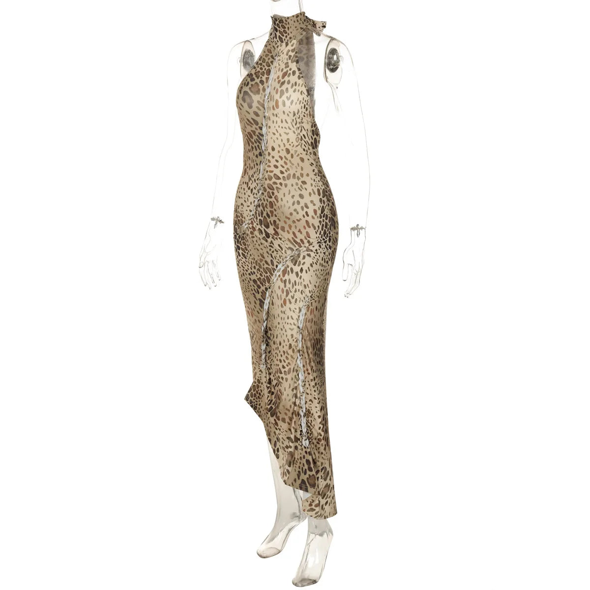 Halter Leopard Embellished Long Party Dress