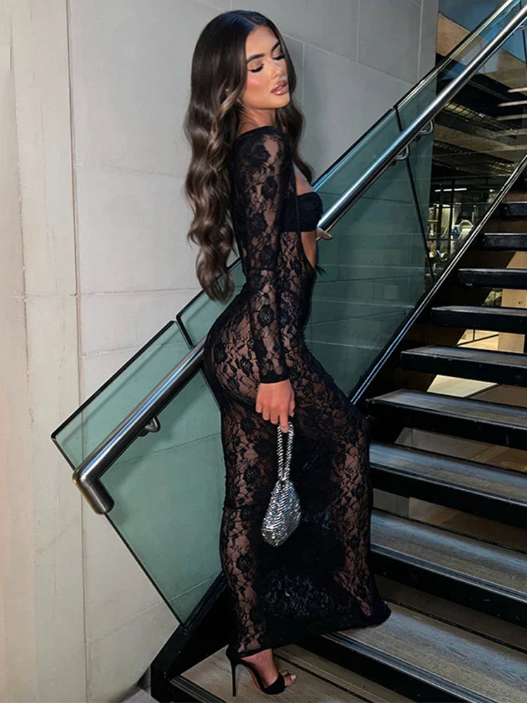 Lace Hollow Out Bodycon Perspective Maxi Dress