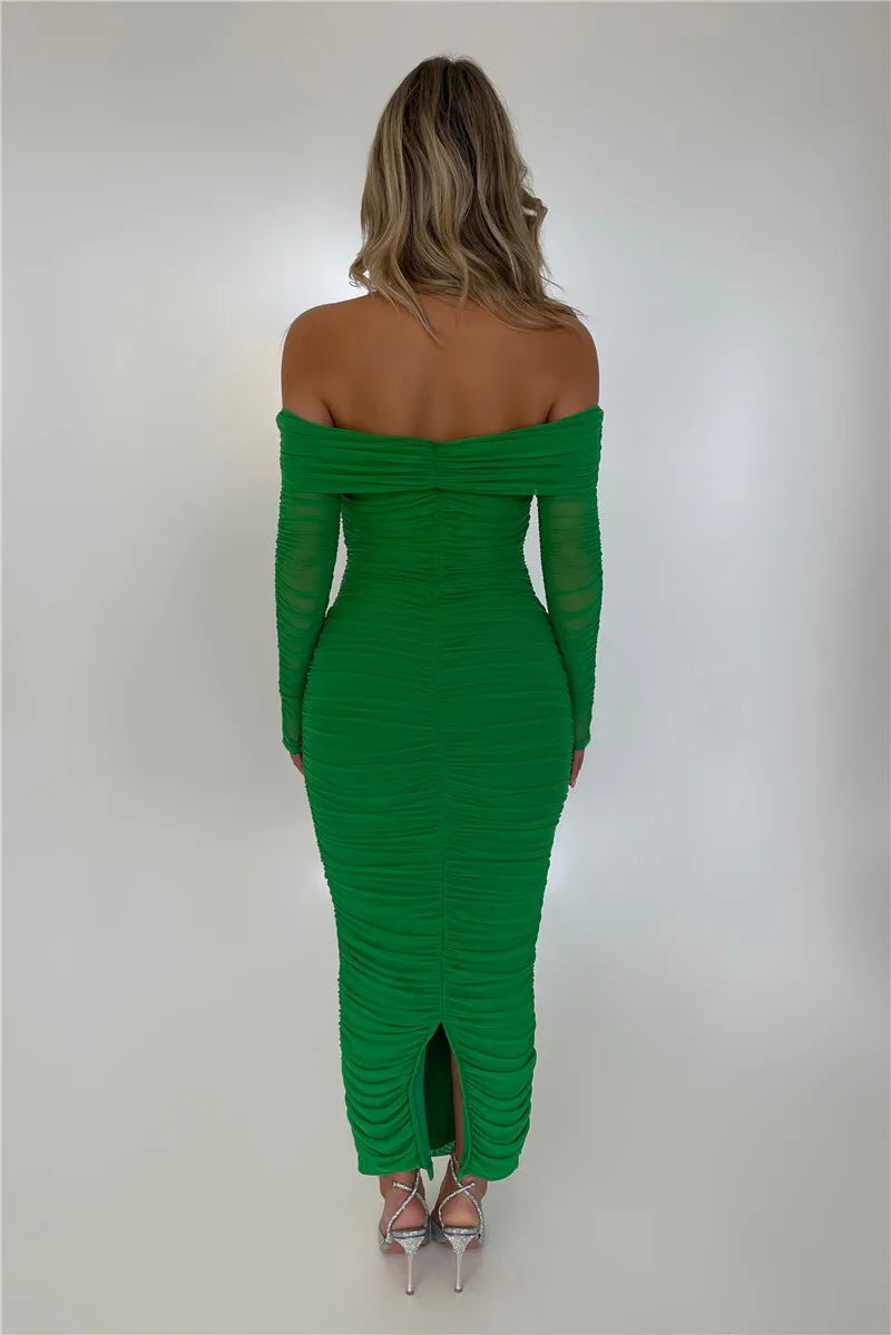 Off Shoulder Slash Neck Solid Maxi Dress