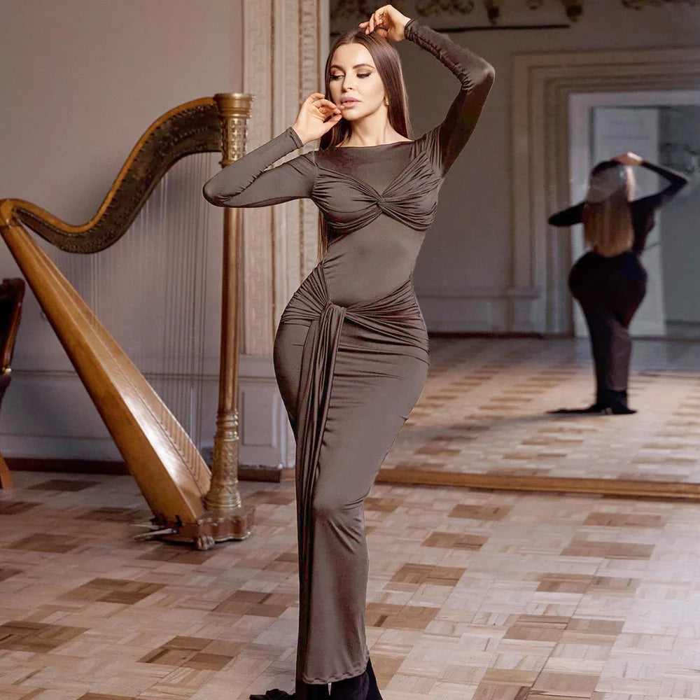 O-Neck Long Sleeve Robe Fashion Maxi Dress