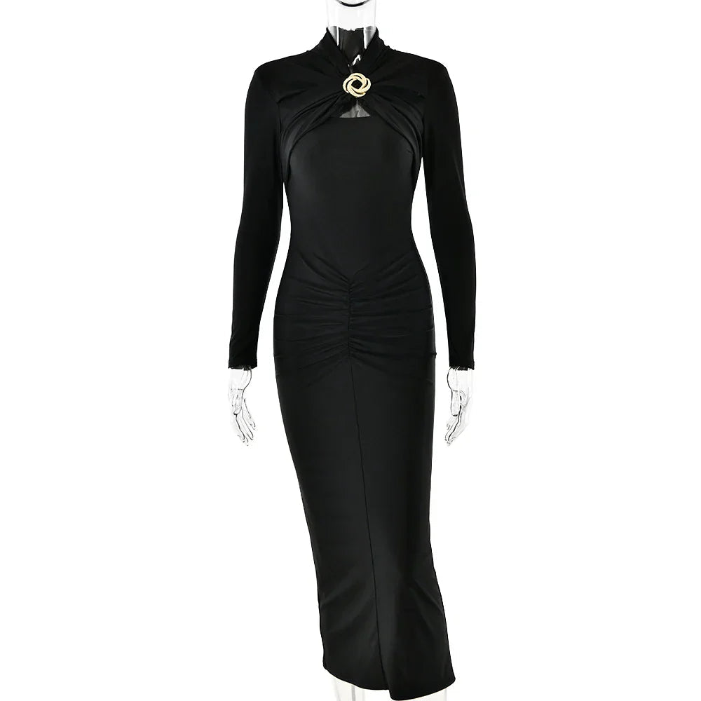 Long Sleeve Pleated Hollow Maxi Dress