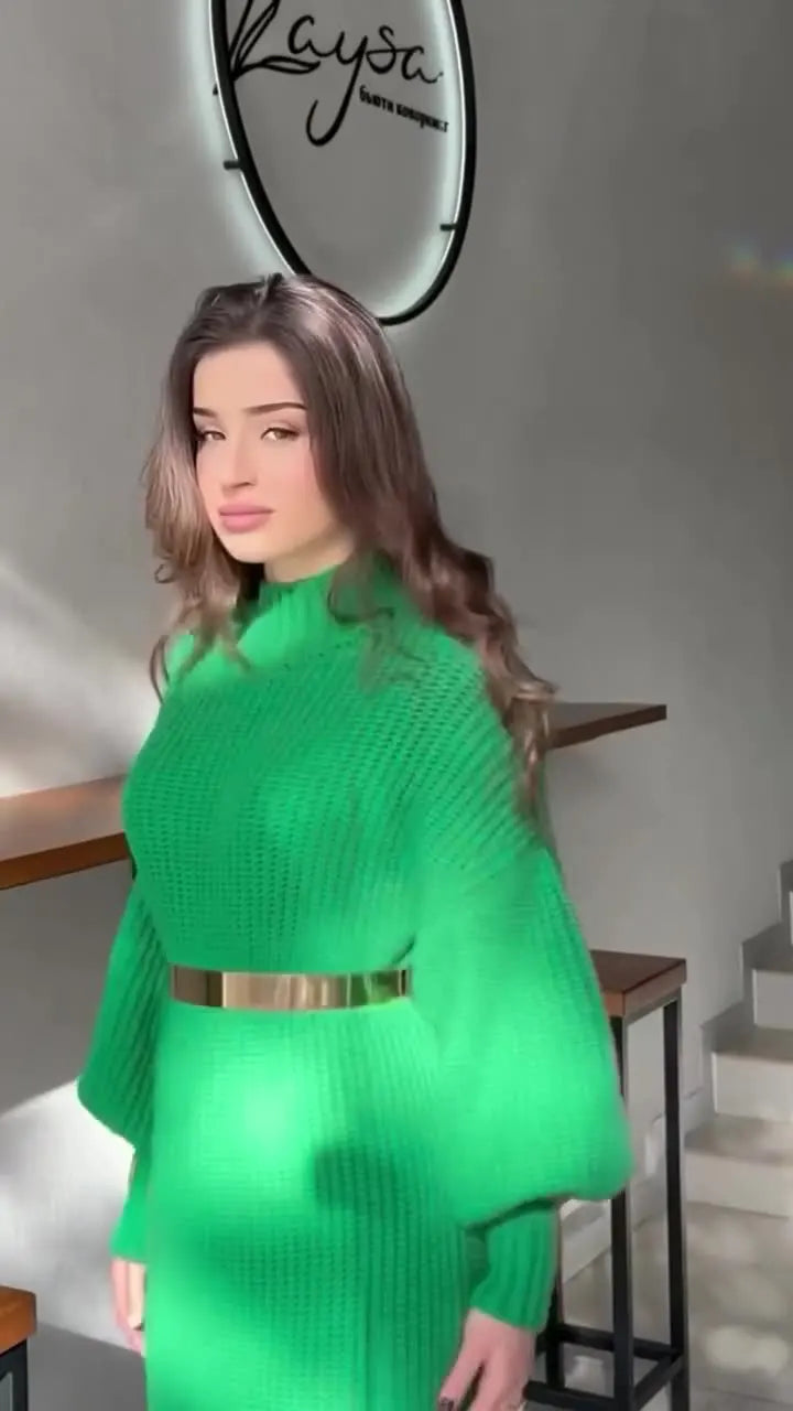 Turtleneck Pullover Belted Solid Party Dress