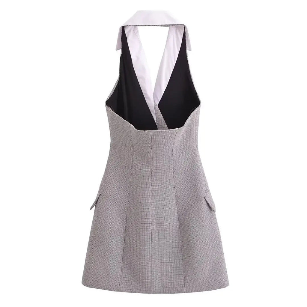 Plaid Halter Sleeveless Button Chic Mini Dress
