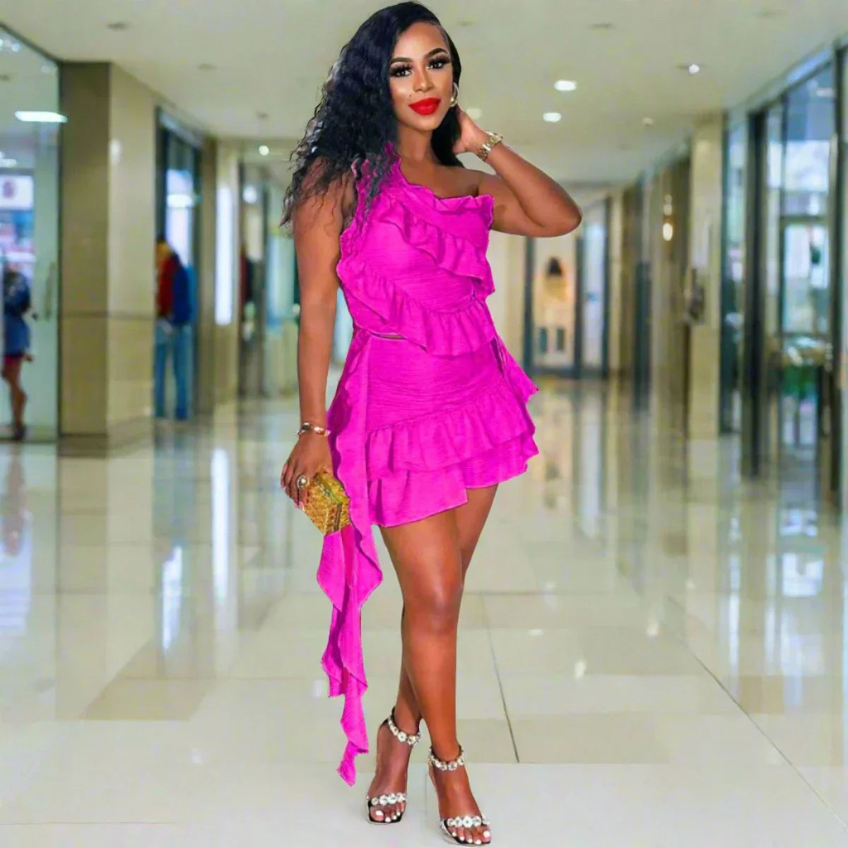 Ruffled Ribbon One Shoulder Crop Mini Dress