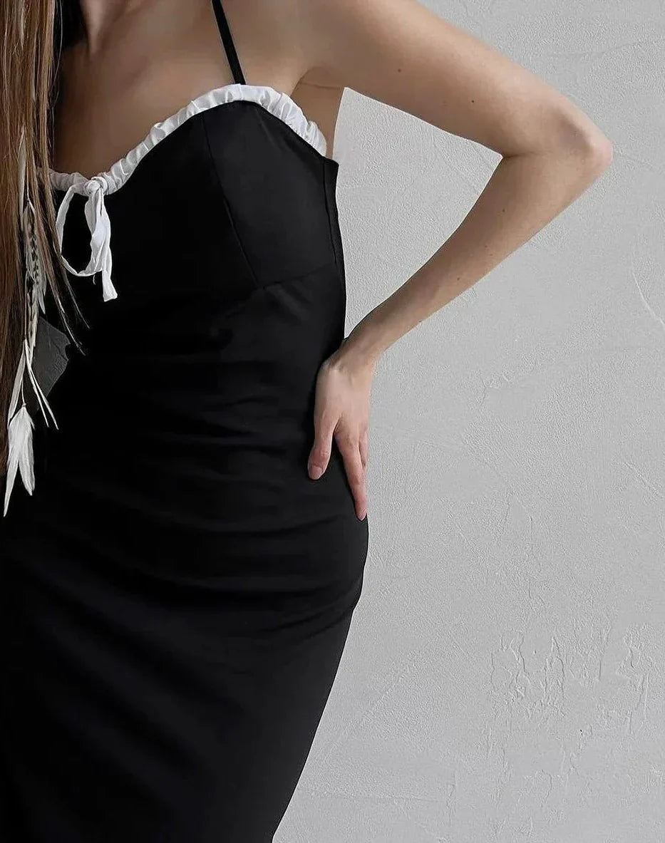 Open Back Lace Patchwork Black Strap Maxi Dress