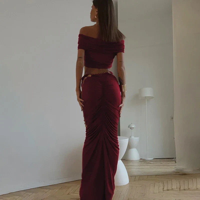 Off Shoulder Crop Top Long Skirt Party Dress