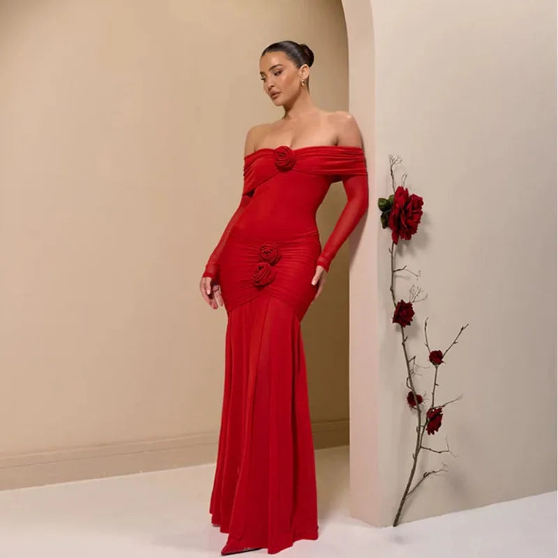 3D Flower Mesh Long Sleeve Fishtail Maxi Dress